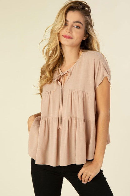 Women's A-Line Tiered Short Sleeve Blouse – Beige outfit idea for women | Ro + Ivy