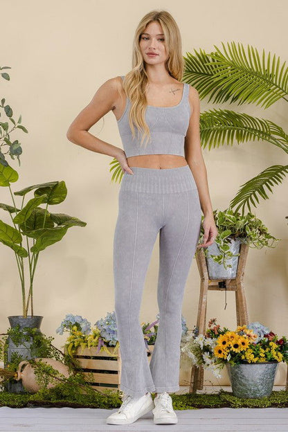 Women's Activewear Stone Washed Ribbed Matching Yoga Set – outfit idea for women | Ro + Ivy