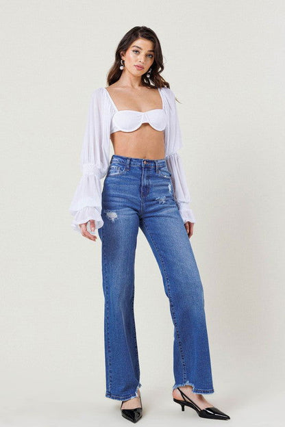 Women's High Waist Wide Leg Distressed Jeans - Ro + Ivy