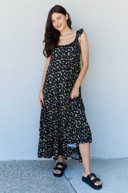 Women's Ruffle Floral Maxi Dress in Black Yellow Floral - Ro + Ivy