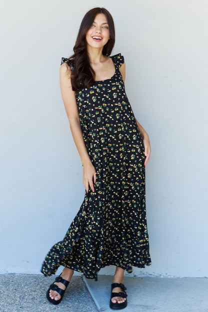 Women's Ruffle Floral Maxi Dress in Black Yellow Floral - Ro + Ivy