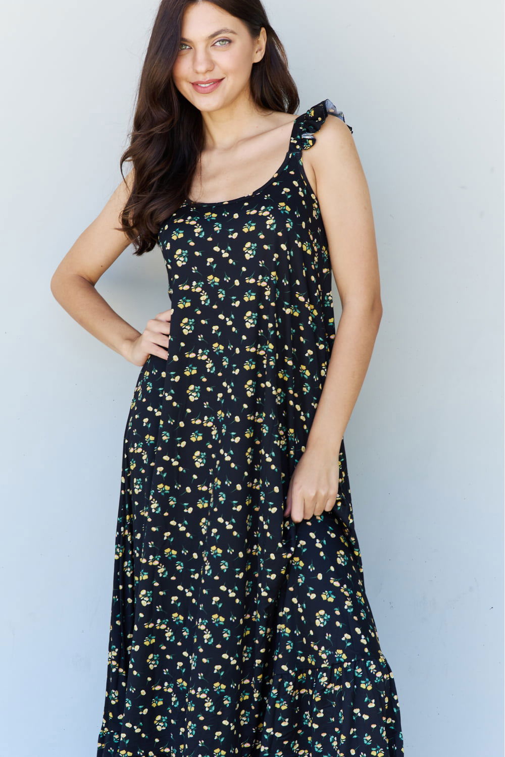 Women's Ruffle Floral Maxi Dress in Black Yellow Floral - Ro + Ivy