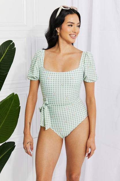 Women's Salty Air Puff Sleeve One-Piece Swimsuit in Sage - Ro + Ivy