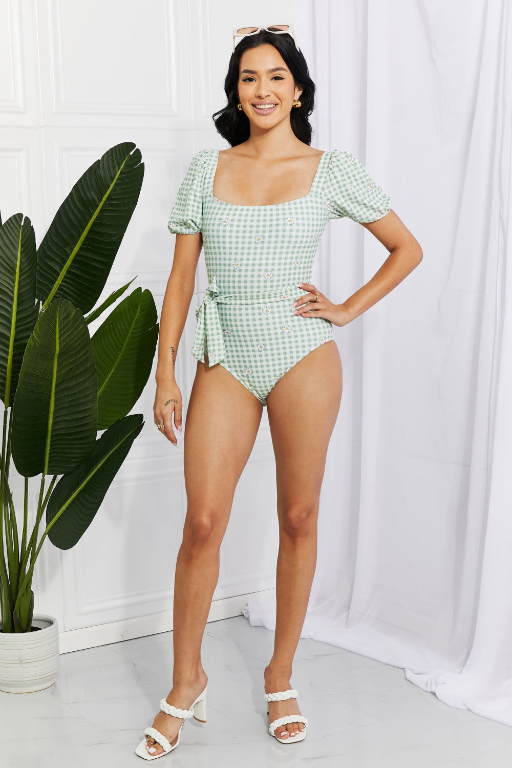 Women's Salty Air Puff Sleeve One-Piece Swimsuit in Sage - Ro + Ivy