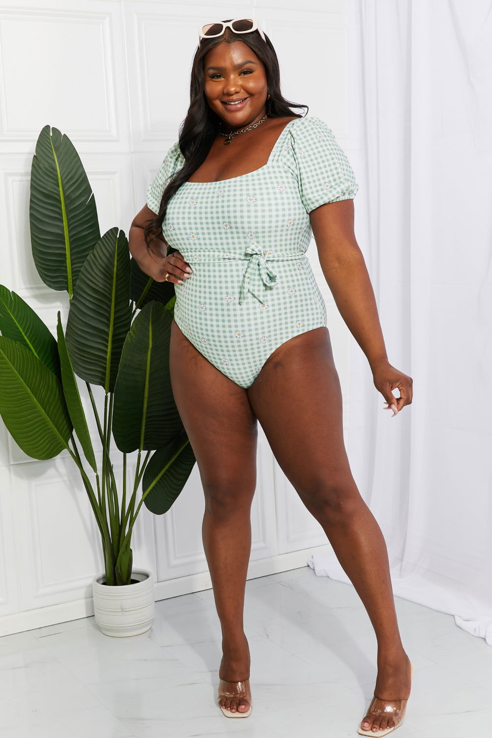 Women's Salty Air Puff Sleeve One-Piece Swimsuit in Sage - Ro + Ivy