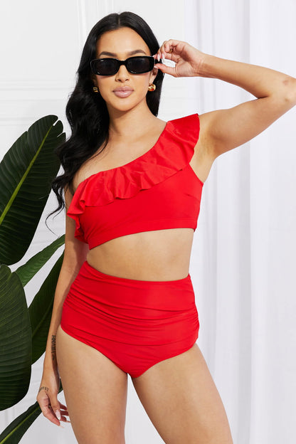 Women's Seaside Romance Ruffle One-Shoulder Bikini in Red - Ro + Ivy