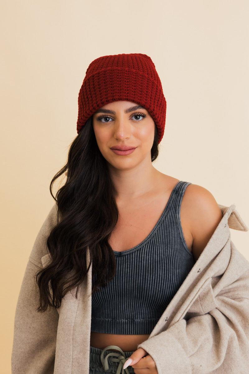 Waffle Knit Beanie Berry