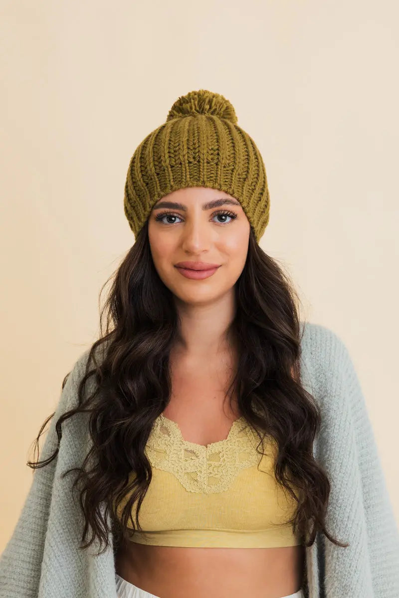Chunky Cable Knit Pom Beanie Army Green