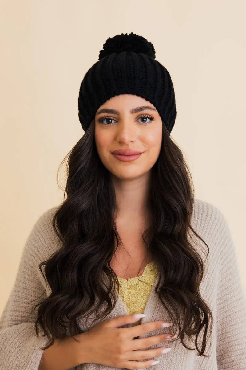Chunky Cable Knit Pom Beanie Black