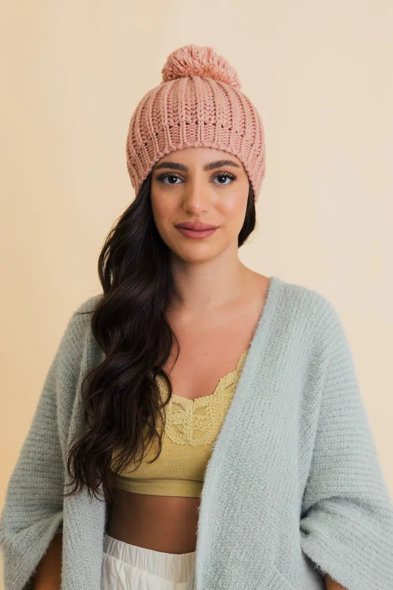 Chunky Cable Knit Pom Beanie Blush
