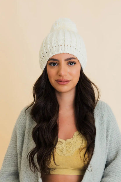 Chunky Cable Knit Pom Beanie Ivory