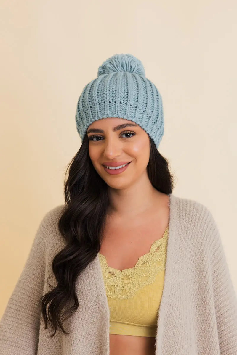 Chunky Cable Knit Pom Beanie Sea Blue