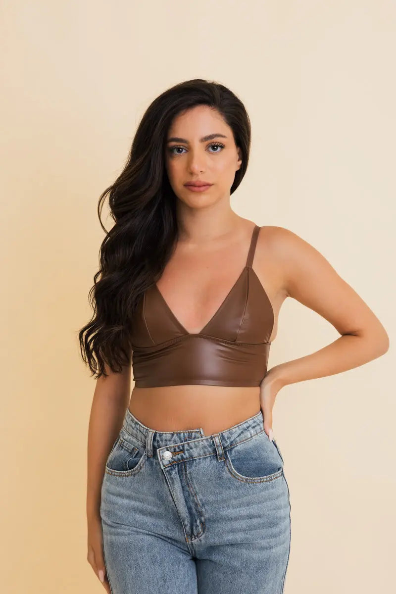 Vegan Leather Longline Bralette Brown