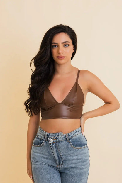 Vegan Leather Longline Bralette Brown