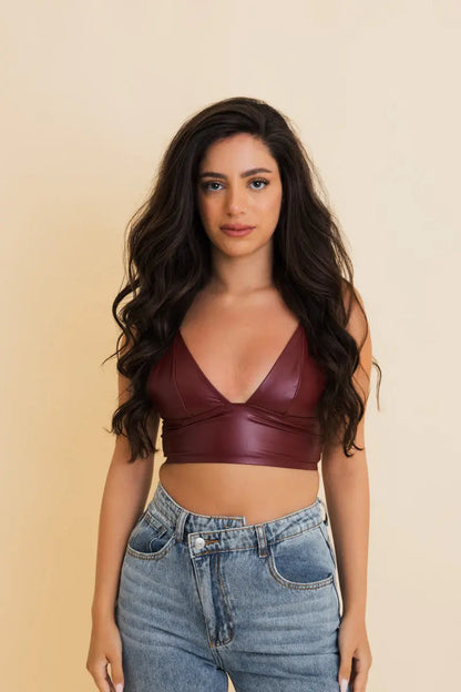 Vegan Leather Longline Bralette Burgundy