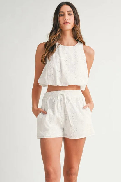 Eyelet Bubble Hem Sleeveless Top And Shorts Set – outfit idea for women | Ro + Ivy