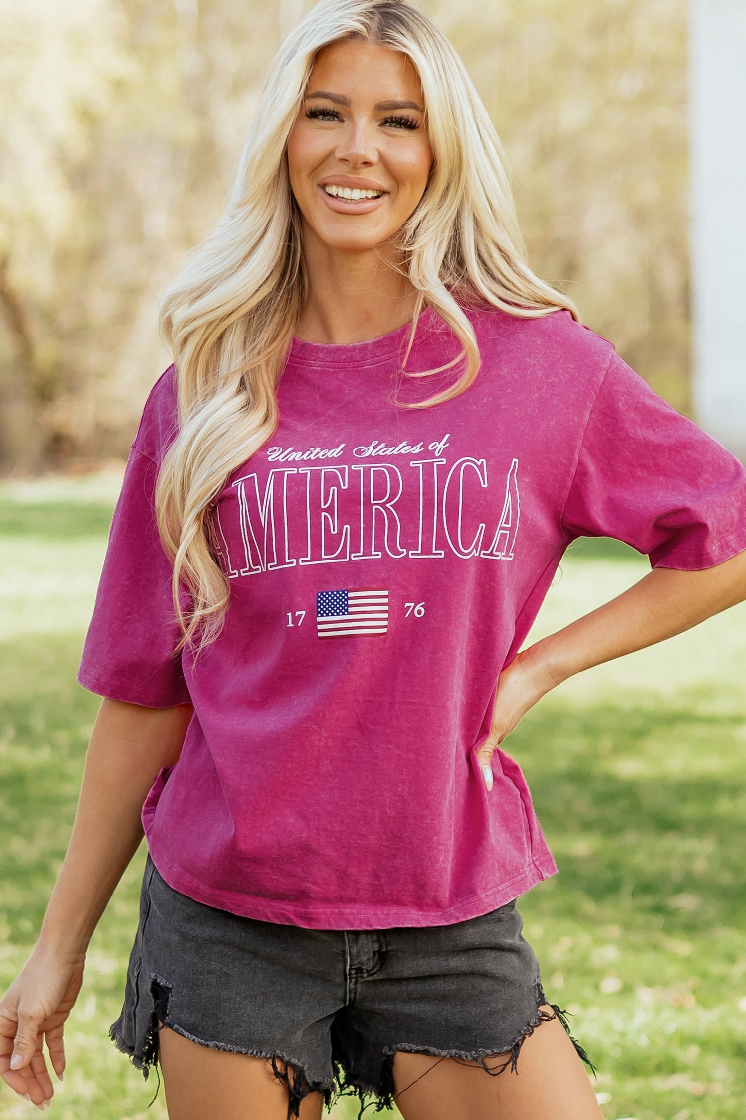 Patriotic Mineral Wash Graphic Cotton Tee — Festive Soft Relaxed Everyday Style - Rose Red Tops & Tees