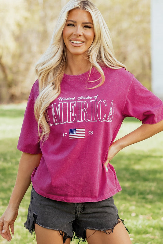 Patriotic Mineral Wash Graphic Cotton Tee Festive Soft Relaxed Everyday Style - Rose Red T-Shirts