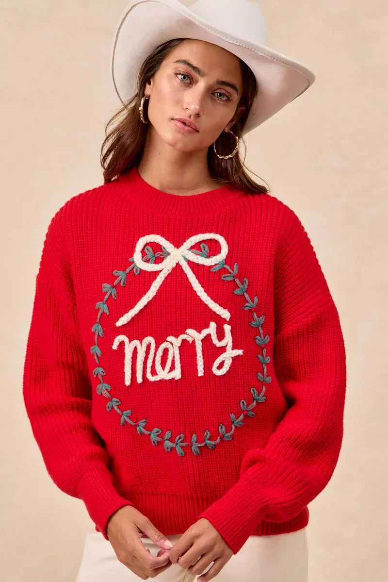 "Merry" Lettering Christmas Wreath Crewneck Sweater | Trendy Sweaters Outfit Idea for Women by Ro + Ivy | Elevated Basics, Modern Comfort & Style