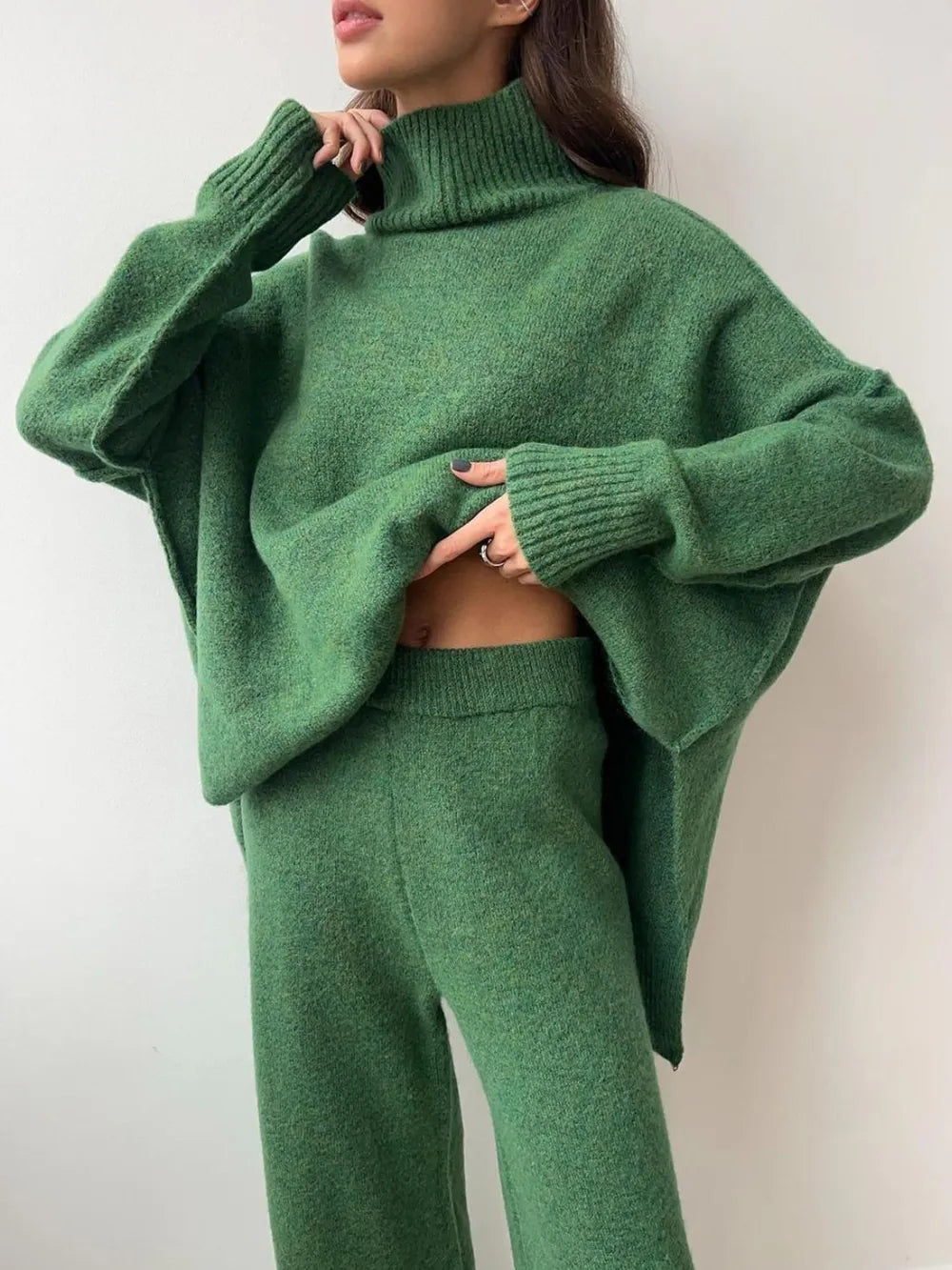 Long Sleeve Turtleneck Top with Slit and Pants Loungewear Set - Loungewear Sets