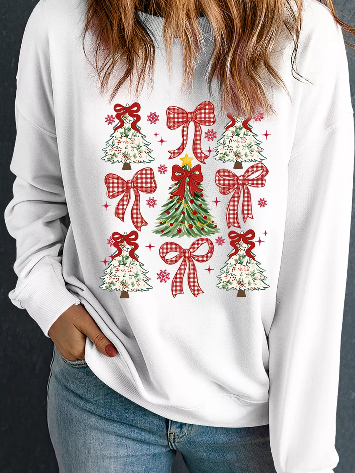 Christmas Tree Ribbon Bow Print Drop-Shoulder Sweatshirt White