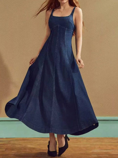 Women's Square Neck A-Line Denim Maxi Dress - Blue Maxi Dresses