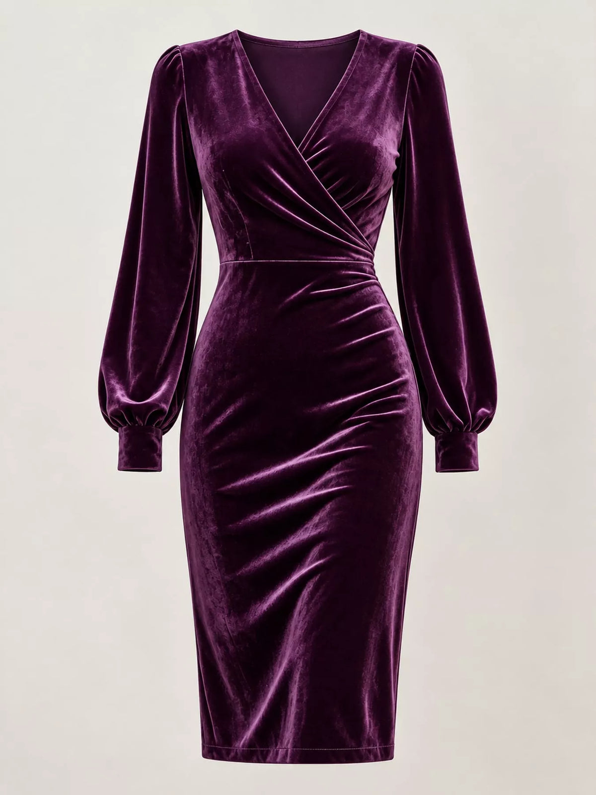 Long-Sleeve Velvet Wrap Dress with Ruched Bodycon Fit