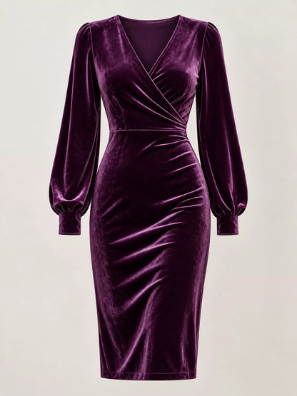 Long-Sleeve Velvet Wrap Dress with Ruched Bodycon Fit