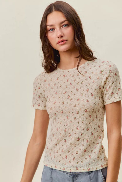 Floral Lace Short Sleeve Layering Knit Top — Romantic Soft Inner Layer Everyday Style - Knit Tops
