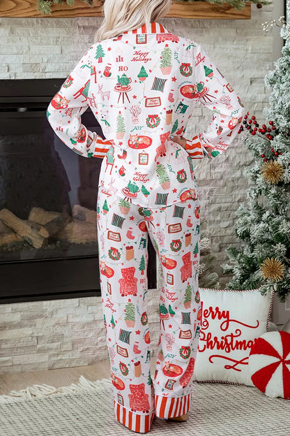 Striped Holiday Two-Piece Lounge Set with Button-Front Top and Matching Pants