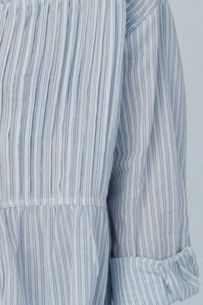 Striped Collared Neck Frill Long Sleeve Shirt - Shirts