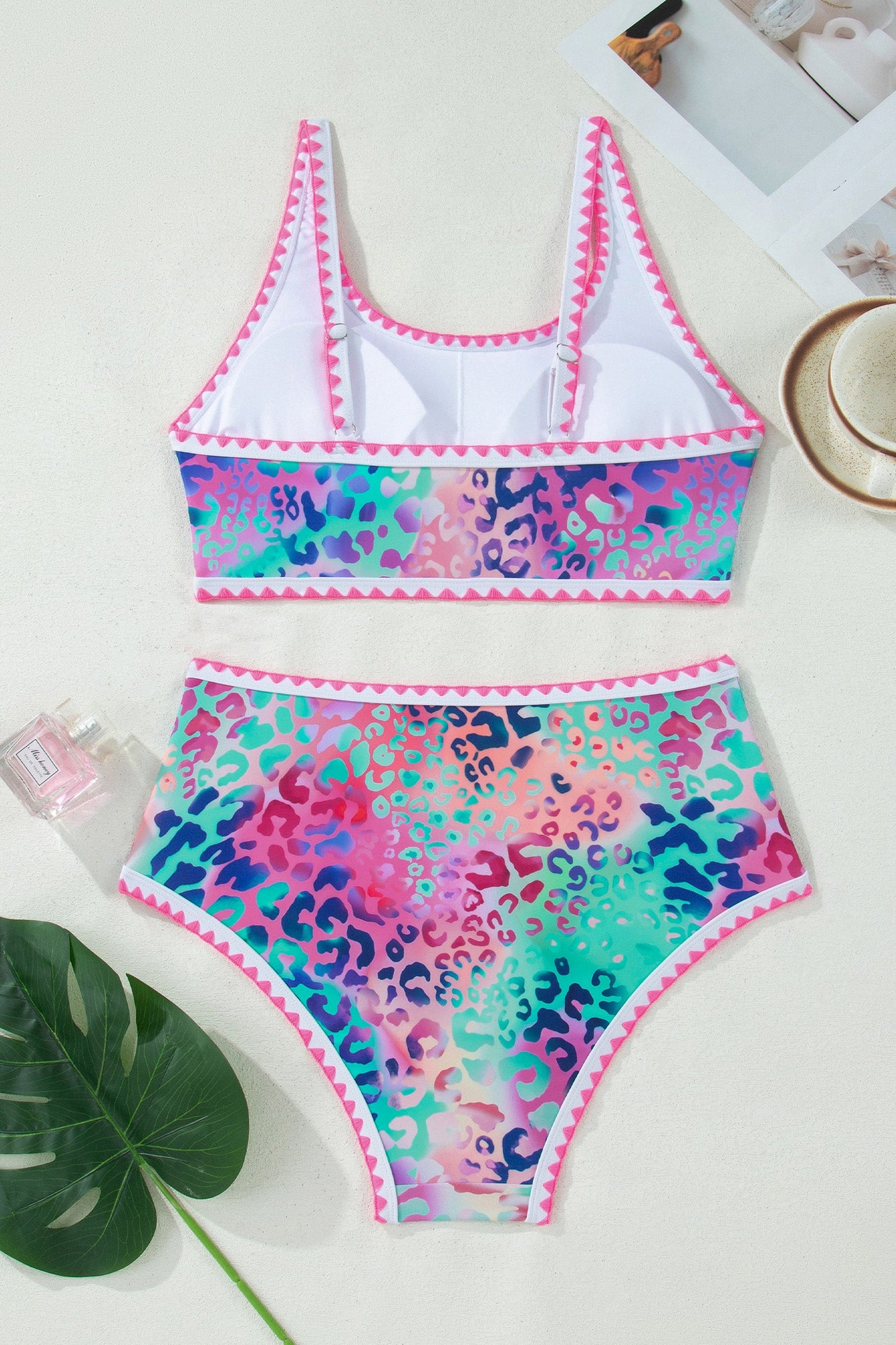 Leopard Ricrac Trim Square Neck High-Waist Bikini Set — Athletic Sporty Confident Beach Style - Bikinis
