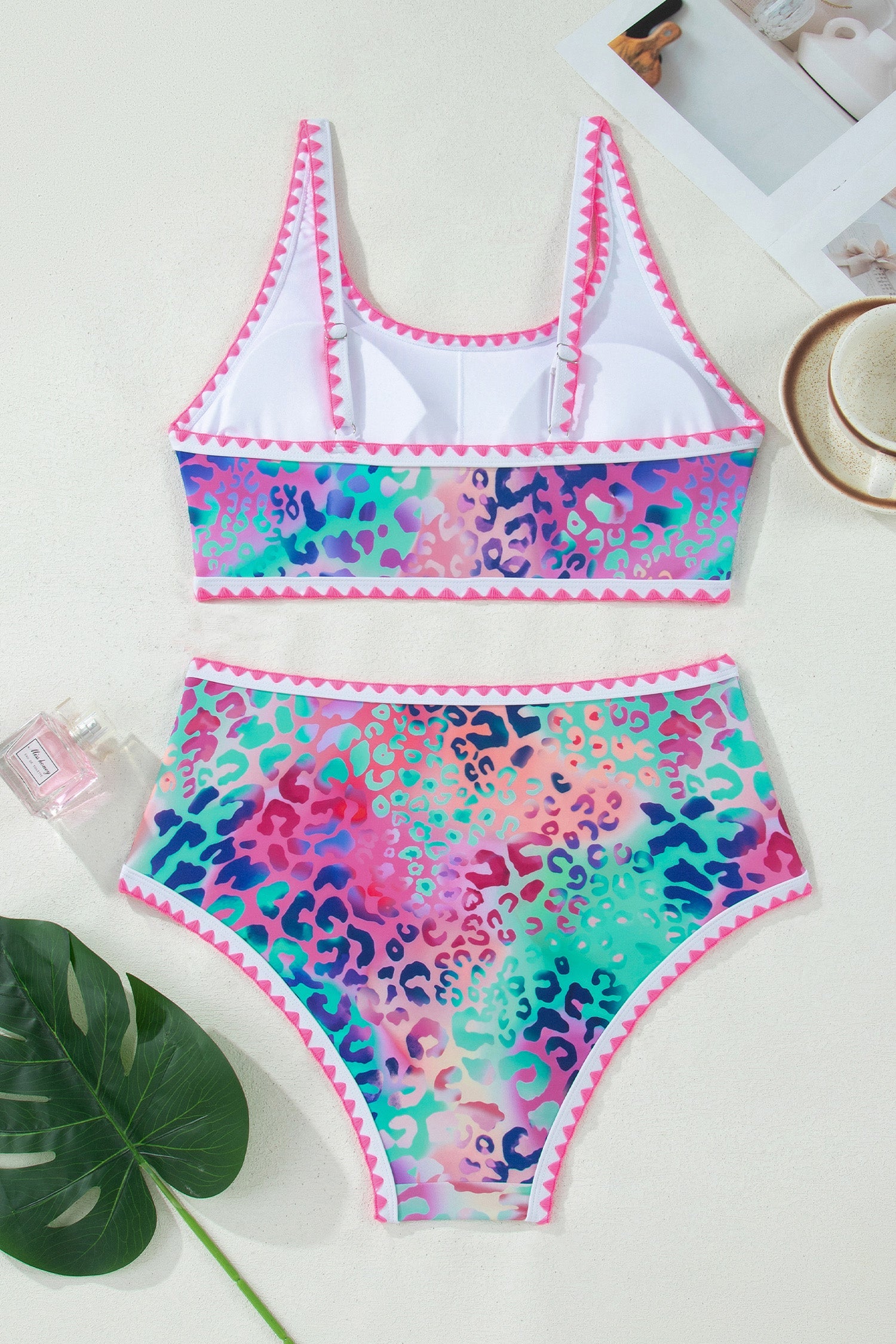 Leopard Ricrac Trim Square Neck High-Waist Bikini Set — Athletic Sporty Confident Beach Style - Bikinis