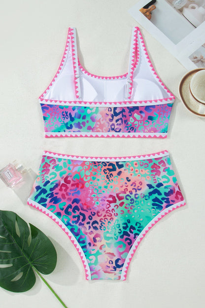 Leopard Ricrac Trim Square Neck High-Waist Bikini Set — Athletic Sporty Confident Beach Style - Bikinis