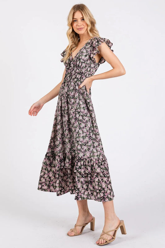Flower Print Ruffle Cap Sleeve V-Neck Midi Dress in Black – outfit idea for women | Ro + Ivy