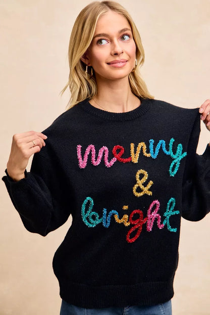 "Merry & Bright" Lettering Christmas Sweater | Trendy Sweaters Outfit Idea for Women by Ro + Ivy | Elevated Basics, Modern Comfort & Style