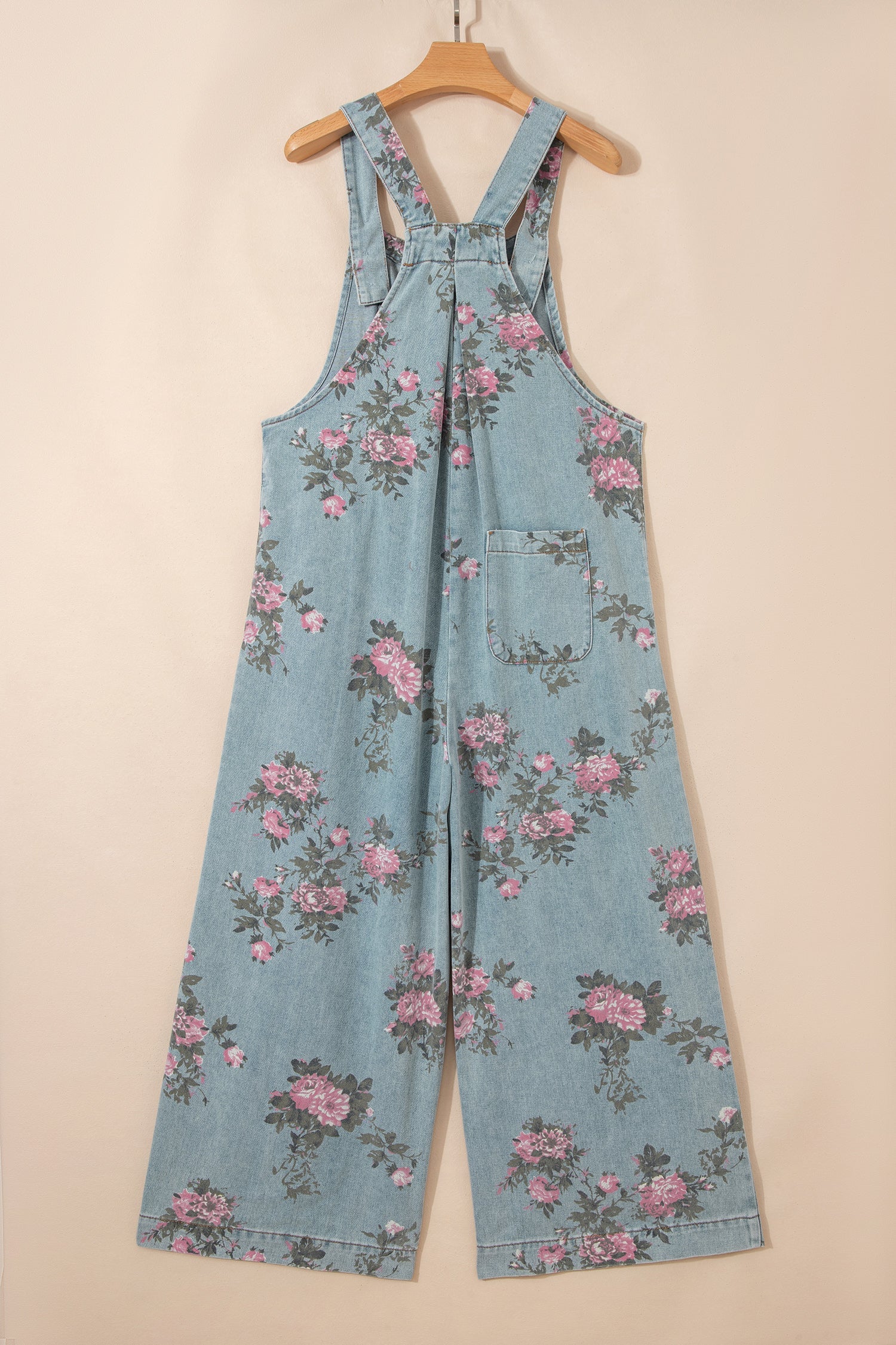 Floral Print Denim Wide Leg Adjustable Strap Jumpsuit — Boho Effortless Everyday Style - Jumpsuits & Rompers