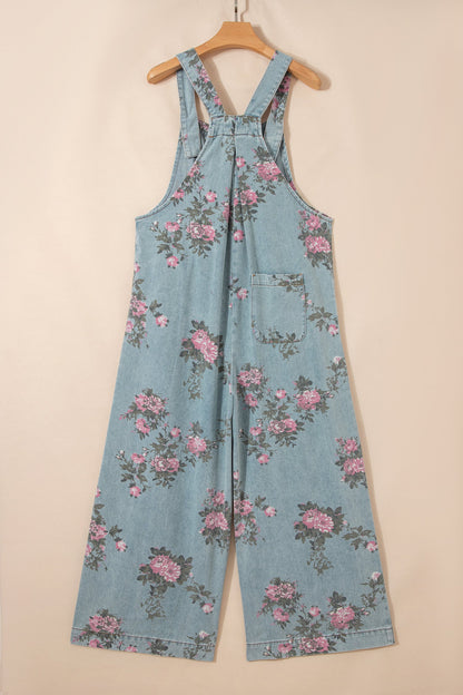 Floral Print Denim Wide Leg Adjustable Strap Jumpsuit — Boho Effortless Everyday Style - Jumpsuits & Rompers