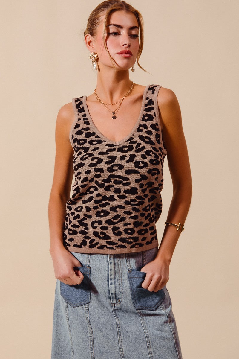 Leopard Knitted Lightweight V Neck Tank Top - Tank Tops