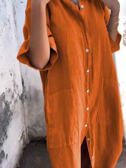 Women's Linen Button Down Shirt Mini Dress - Mini Dresses