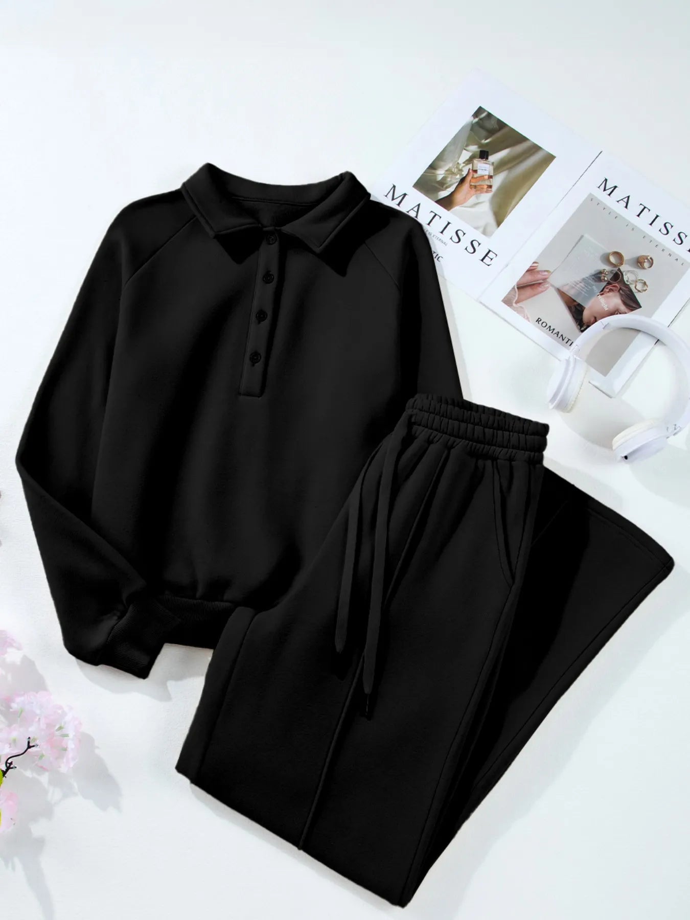 Women's Collared Sweatshirt and High Waist Pants Active Set - Activewear Sets