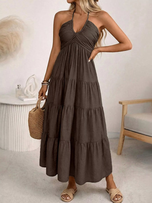 Women's Flowy Halter Neck Tiered Midi Dress Dark Brown