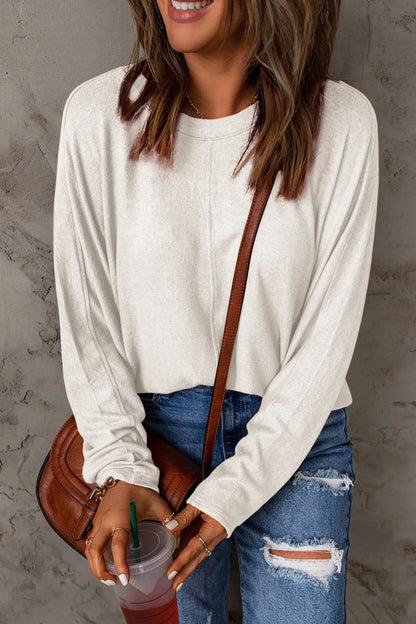 Relaxed Long Sleeve Round Neck Top White