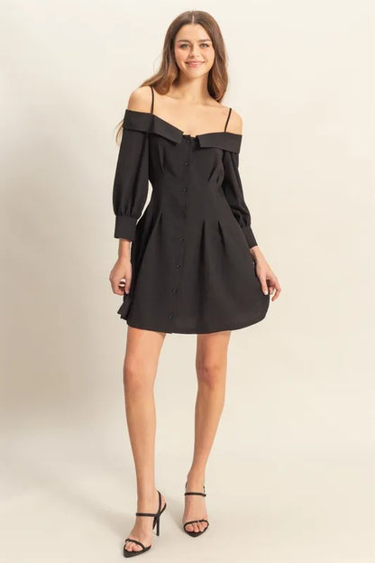 Button Down Spaghetti Strap Mini Dress With Pockets in Black – outfit idea for women | Ro + Ivy