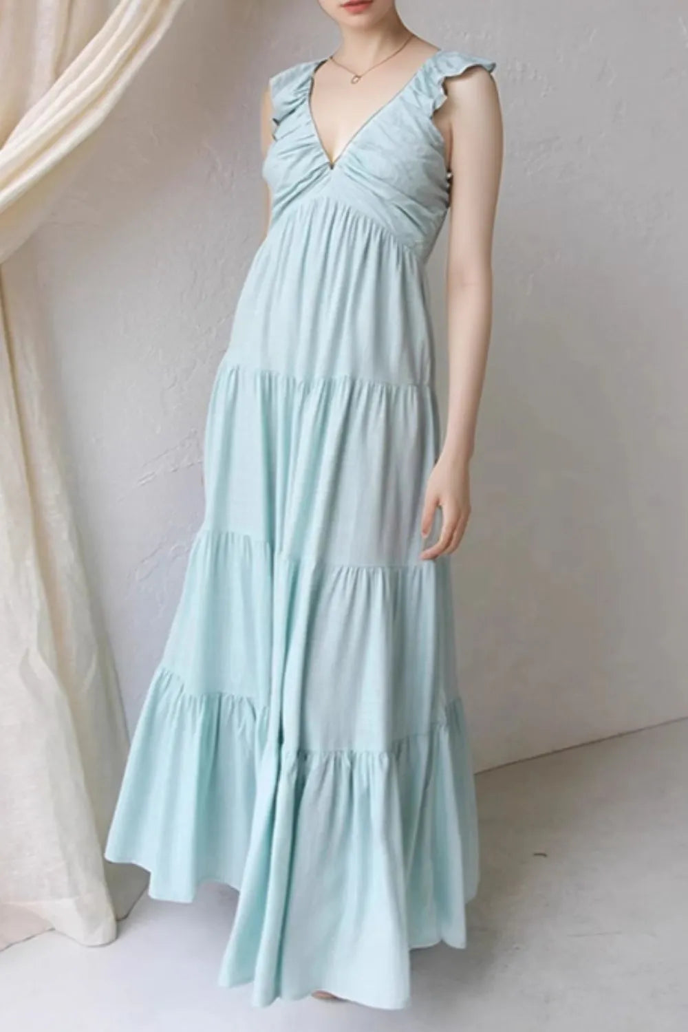 Women's Ruffled V-Neck Tiered Maxi Dress - Light Blue Maxi Dresses