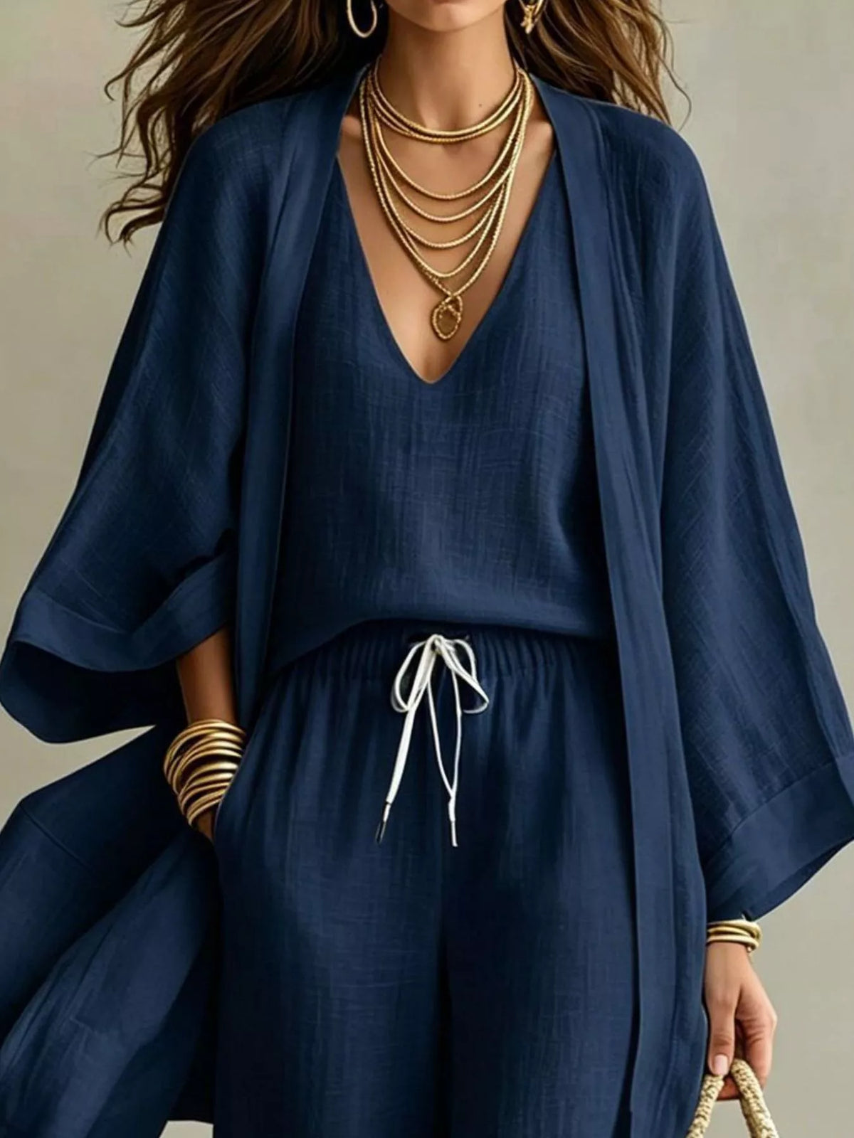 Three-Piece Lounge Set with V-Neck Top, Open Cardigan and Drawstring Pants