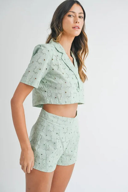 Eyelet Short Sleeve Crop Top And Shorts Set – outfit idea for women | Ro + Ivy