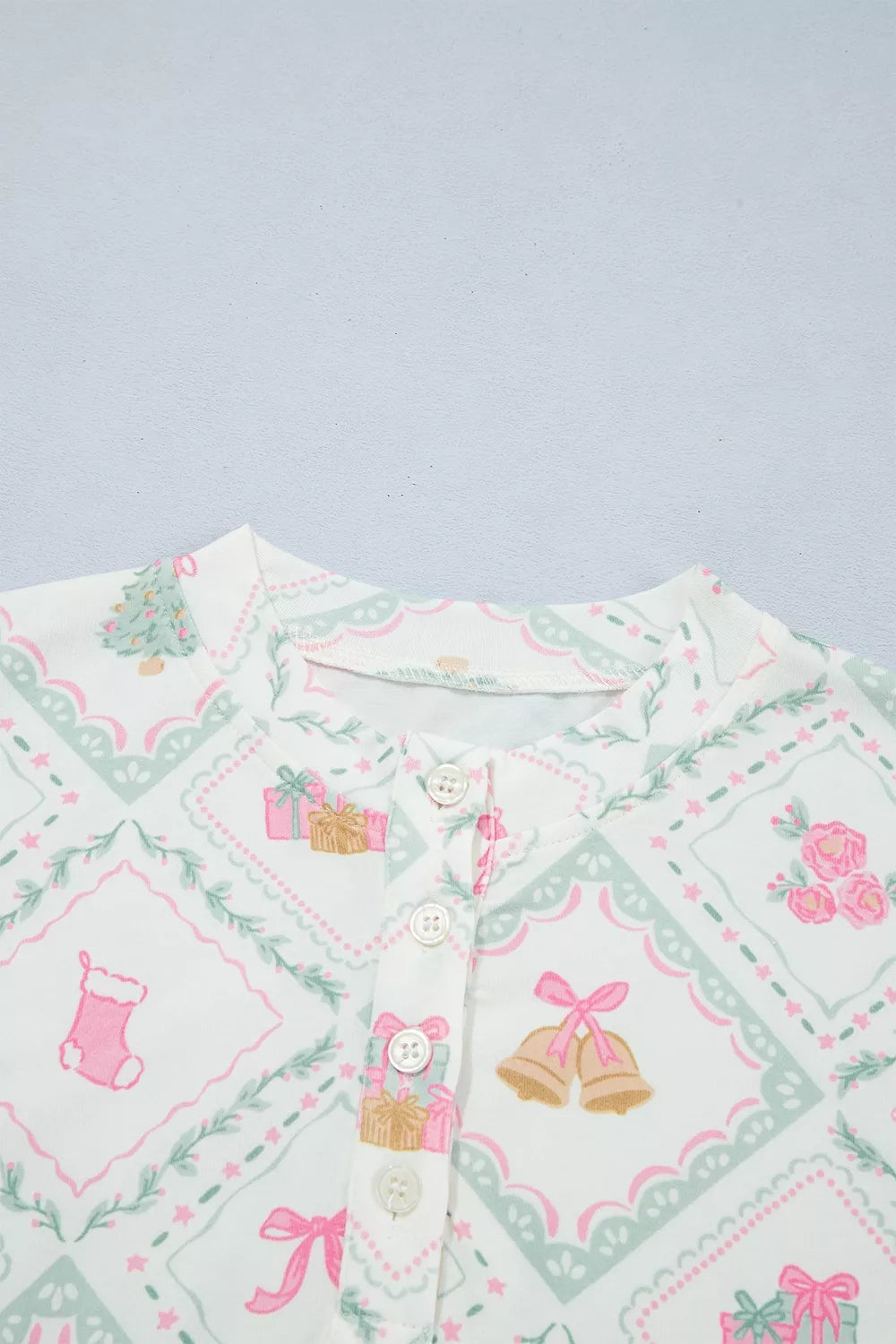 Christmas Patchwork Lounge Set with Button-Front Long-Sleeve Top and Drawstring Pants