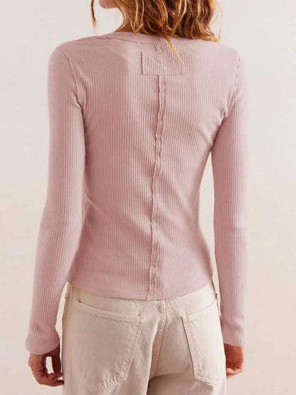 Ribbed Round Neck Button Up Long Sleeve Top - Blush Pink Tops
