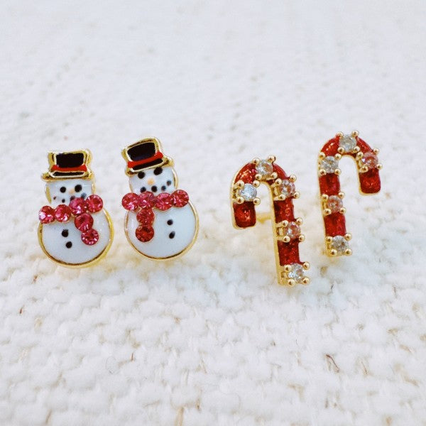 As Shown One Size Holiday Candy Cane & Snowman Stud Earring Set Of 2 | Trendy Earrings Outfit Idea for Women by Ro + Ivy | Elevated Basics, Modern Comfort & Style